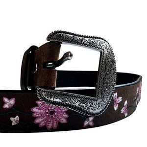 Shyanne Embroidered Leather Belt | Floral Western Boho | Silver Buckle | Small